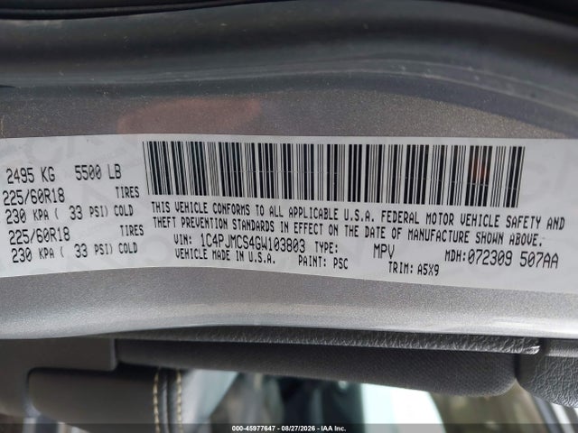 Aukcja sprzedaży 2016 Jeep Cherokee Altitude, vin: 1C4PJMCS4GW103803, numer aukcji: 45977647