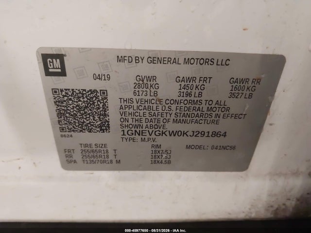 45977650 :رقم المزاد ، 1GNEVGKW0KJ291864 vin ، 2019 Chevrolet Traverse 1lt مزاد بيع