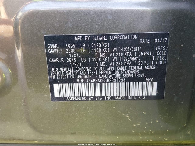 45977653 :رقم المزاد ، 4S4BSACC5H3391294 vin ، 2017 Subaru Outback 2.5i Premium مزاد بيع