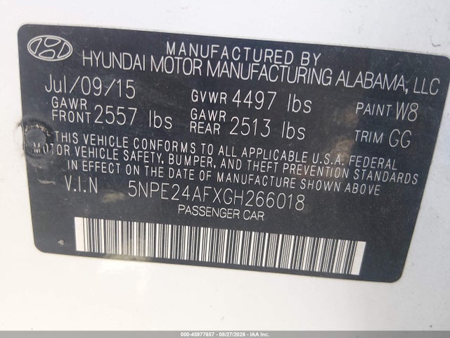 Aukcja sprzedaży 2016 Hyundai Sonata Se, vin: 5NPE24AFXGH266018, numer aukcji: 45977657