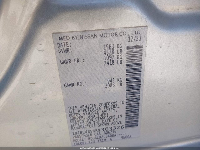 Продажа на аукционе авто 2024 Nissan Altima S Fwd, vin: 1N4BL4BV4RN363326, номер лота: 45977658