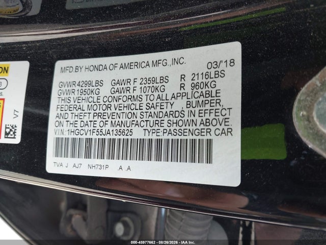 2018 Honda Accord Ex-l მანქანა იყიდება აუქციონზე, vin: 1HGCV1F55JA135625, აუქციონის ნომერი: 45977662