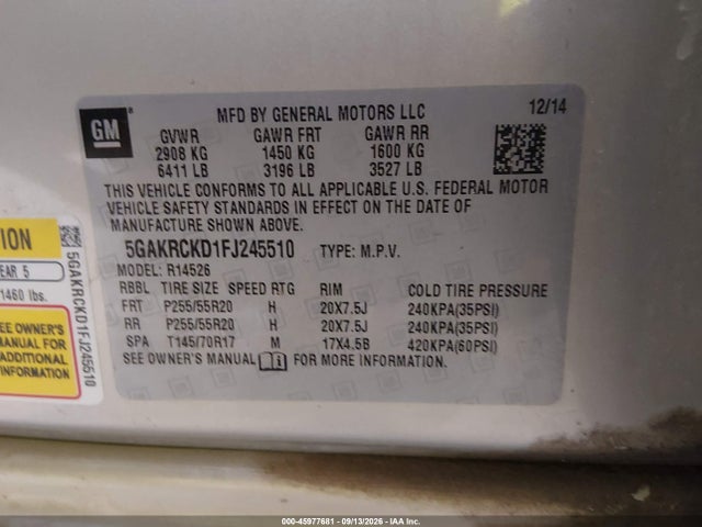45977681 :رقم المزاد ، 5GAKRCKD1FJ245510 vin ، 2015 Buick Enclave Premium مزاد بيع