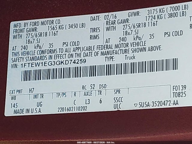 1FTEW1EG3GKD74259 Ford F-150 Xlt