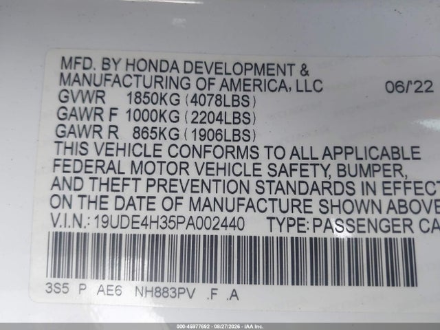 2023 Acura Integra A-spec მანქანა იყიდება აუქციონზე, vin: 19UDE4H35PA002440, აუქციონის ნომერი: 45977692