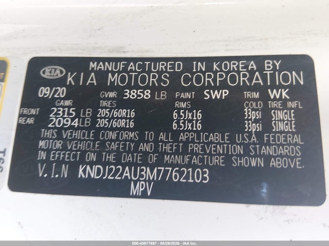 2021 Kia Soul Lx მანქანა იყიდება აუქციონზე, vin: KNDJ22AU3M7762103, აუქციონის ნომერი: 45977697