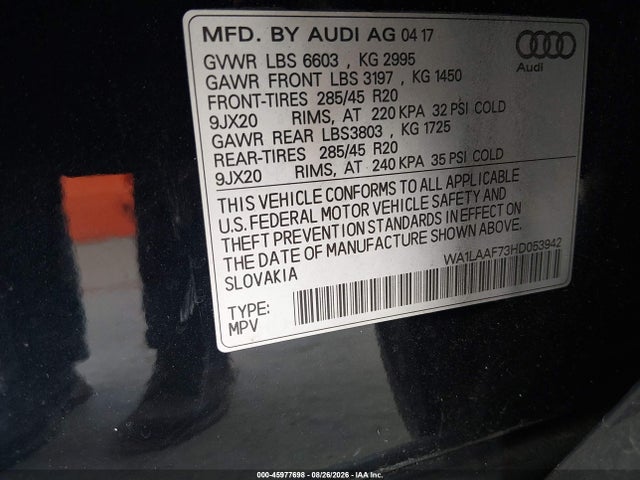 Aukcja sprzedaży 2017 Audi Q7 3.0t Premium, vin: WA1LAAF73HD053942, numer aukcji: 45977698
