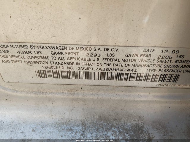 45977715 :رقم المزاد ، 3VWPL7AJ6AM647441 vin ، 2010 Volkswagen Jetta Tdi مزاد بيع
