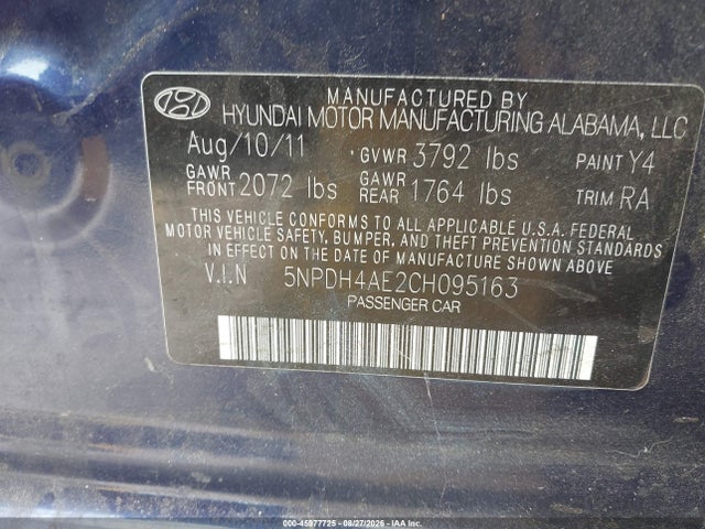 2012 Hyundai Elantra Gls მანქანა იყიდება აუქციონზე, vin: 5NPDH4AE2CH095163, აუქციონის ნომერი: 45977725