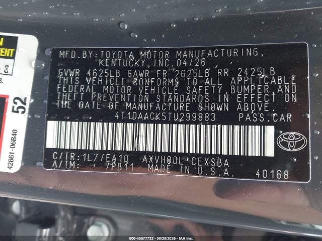 Продаж на аукціоні авто 2026 Toyota Camry Se, vin: 4T1DAACK5TU299883, номер лоту: 45977732