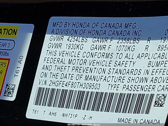 Продажа на аукционе авто 2026 Honda Civic Hybrid Sport/sport Touring, vin: 2HGFE4F80TH309503, номер лота: 45977741
