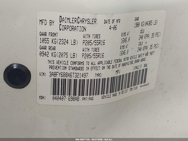 45977745 :رقم المزاد ، 3A8FY688X6T321497 vin ، 2006 Chrysler Pt Cruiser Limited مزاد بيع