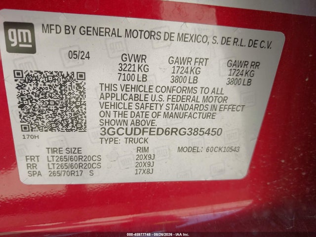 Продажа на аукционе авто 2024 Chevrolet Silverado 1500 4wd  Short Bed Lt Trail Boss, vin: 3GCUDFED6RG385450, номер лота: 45977748