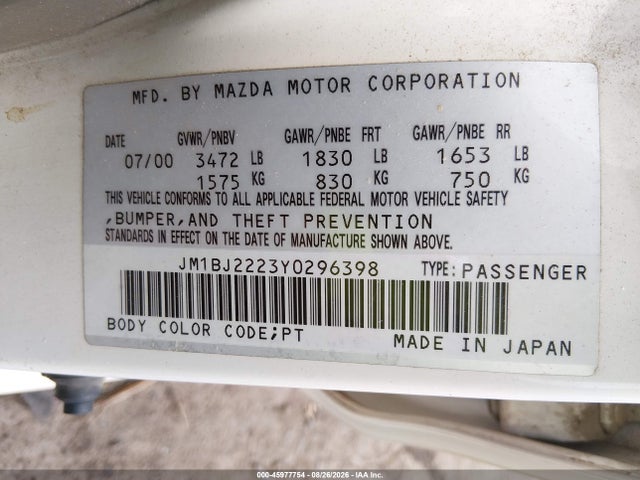 45977754 :رقم المزاد ، JM1BJ2223Y0296398 vin ، 2000 Mazda Protege Dx/lx مزاد بيع
