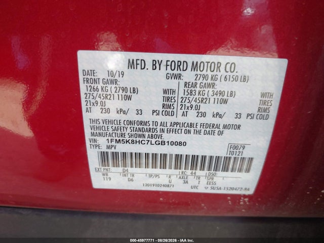 Aukcja sprzedaży 2020 Ford Explorer Platinum, vin: 1FM5K8HC7LGB10080, numer aukcji: 45977771