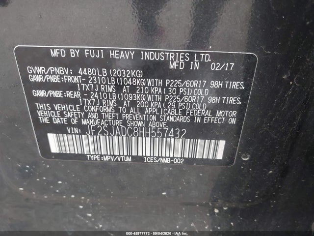 Aukcja sprzedaży 2017 Subaru Forester 2.5i Premium, vin: JF2SJADC8HH557432, numer aukcji: 45977772