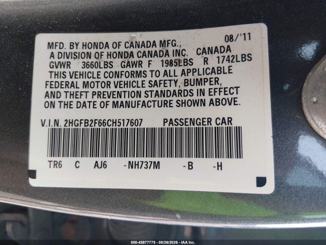 Продаж на аукціоні авто 2012 Honda Civic Hf, vin: 2HGFB2F66CH517607, номер лоту: 45977775