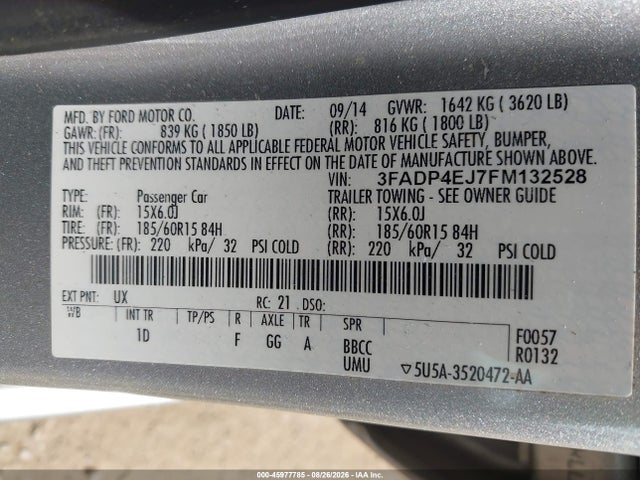 45977785 :رقم المزاد ، 3FADP4EJ7FM132528 vin ، 2015 Ford Fiesta Se مزاد بيع