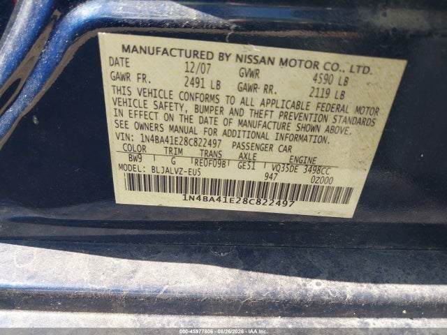 Aukcja sprzedaży 2008 Nissan Maxima 3.5 Se, vin: 1N4BA41E28C822497, numer aukcji: 45977806