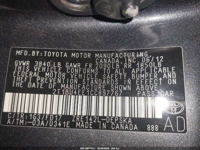 Продажа на аукционе авто 2012 Toyota Corolla S, vin: 2T1BU4EE1CC897767, номер лота: 45977811