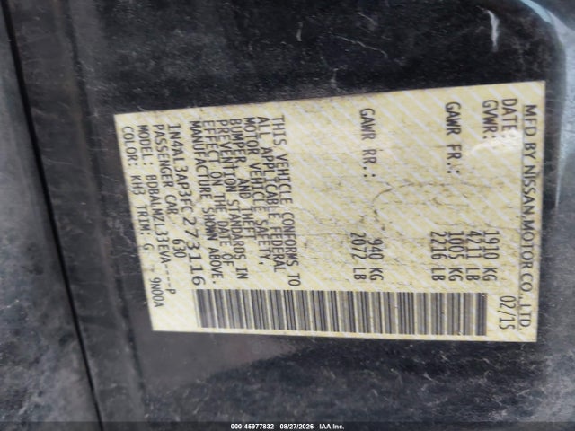 45977832 :رقم المزاد ، 1N4AL3AP3FC273116 vin ، 2015 Nissan Altima 2.5 Sv مزاد بيع