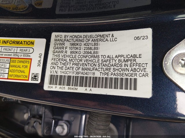 Aukcja sprzedaży 2023 Honda Accord Ex, vin: 1HGCY1F38PA040118, numer aukcji: 45977853