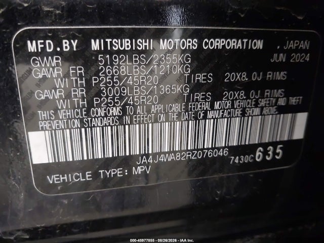 Auction sale of the 2024 Mitsubishi Outlander, vin: JA4J4WA82RZ076046, lot number: 45977855