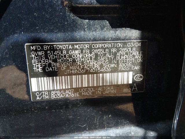Aukcja sprzedaży 2004 Lexus Ls 430, vin: JTHBN36F740154636, numer aukcji: 45977859