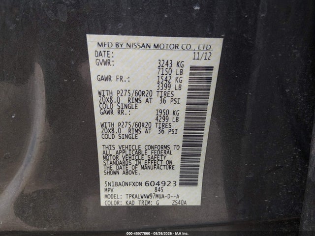 45977860 :رقم المزاد ، 5N1BA0NFXDN604923 vin ، 2013 Nissan Armada Platinum مزاد بيع