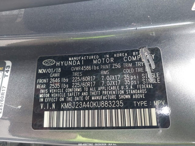 45977862 :رقم المزاد ، KM8J23A40KU883235 vin ، 2019 Hyundai Tucson Se مزاد بيع