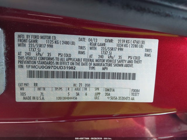 2013 Ford Escape Se მანქანა იყიდება აუქციონზე, vin: 1FMCU0G97DUD31982, აუქციონის ნომერი: 45977866