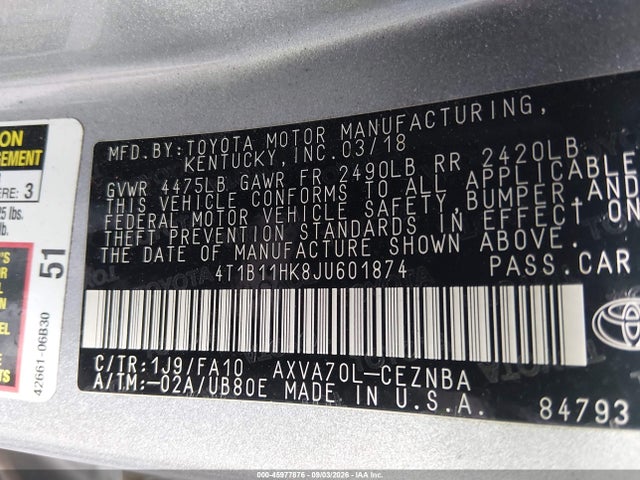 Продаж на аукціоні авто 2018 Toyota Camry Le, vin: 4T1B11HK8JU601874, номер лоту: 45977876