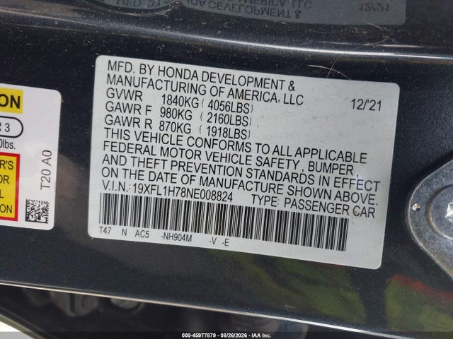 2022 Honda Civic Ex-l მანქანა იყიდება აუქციონზე, vin: 19XFL1H78NE008824, აუქციონის ნომერი: 45977879