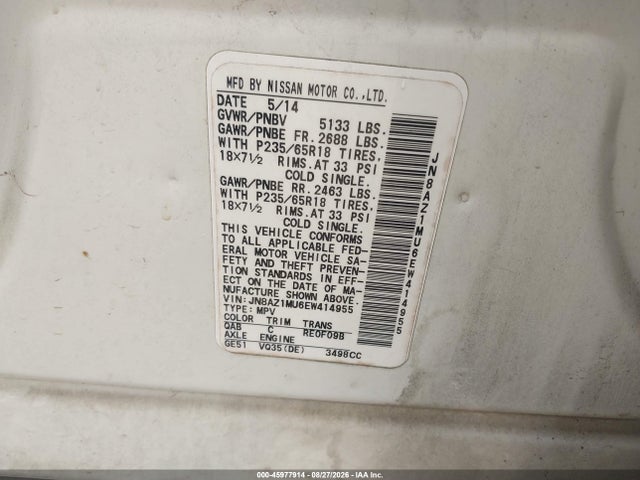 Продажа на аукционе авто 2014 Nissan Murano S/sl/sv/le, vin: JN8AZ1MU6EW414955, номер лота: 45977914