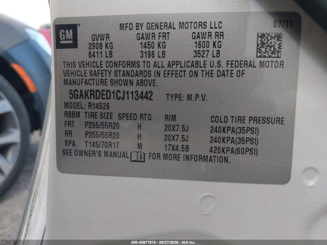45977918 :رقم المزاد ، 5GAKRDED1CJ113442 vin ، 2012 Buick Enclave Premium مزاد بيع