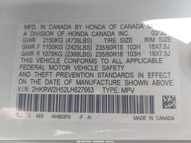 Продаж на аукціоні авто 2020 Honda Cr-v Awd Ex, vin: 2HKRW2H52LH627663, номер лоту: 45977942
