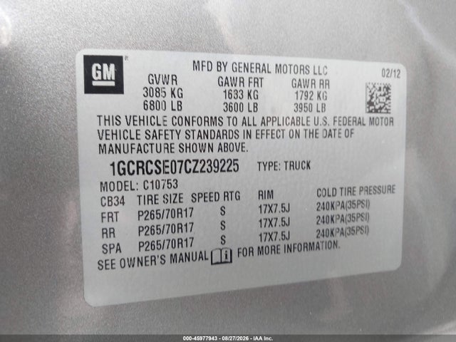 45977943 :رقم المزاد ، 1GCRCSE07CZ239225 vin ، 2012 Chevrolet Silverado 1500 Lt مزاد بيع