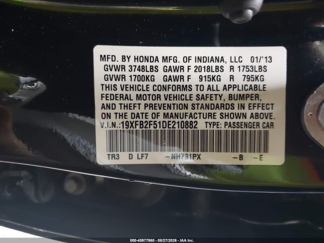 Продажа на аукционе авто 2013 Honda Civic Lx, vin: 19XFB2F51DE210882, номер лота: 45977960