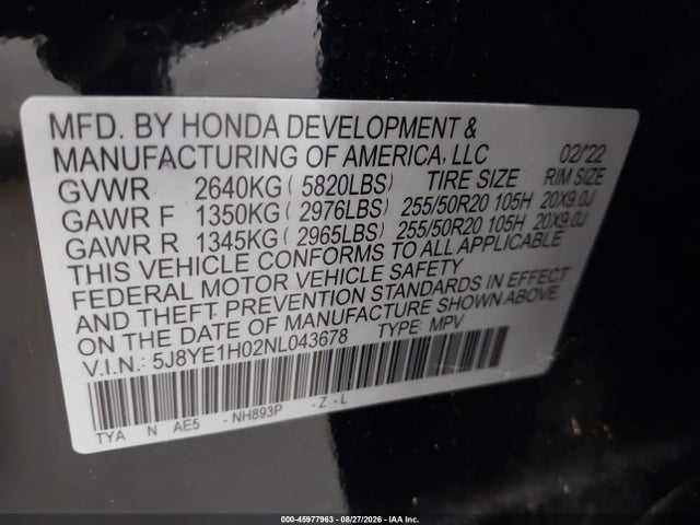 45977963 :رقم المزاد ، 5J8YE1H02NL043678 vin ، 2022 Acura Mdx A-spec Package مزاد بيع