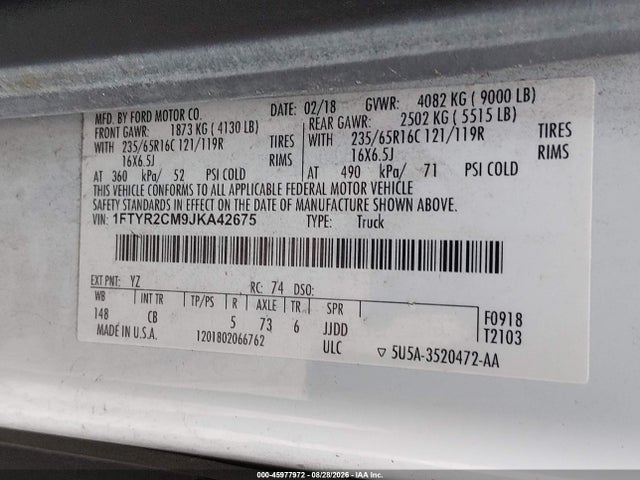 Продаж на аукціоні авто 2018 Ford Transit-250, vin: 1FTYR2CM9JKA42675, номер лоту: 45977972
