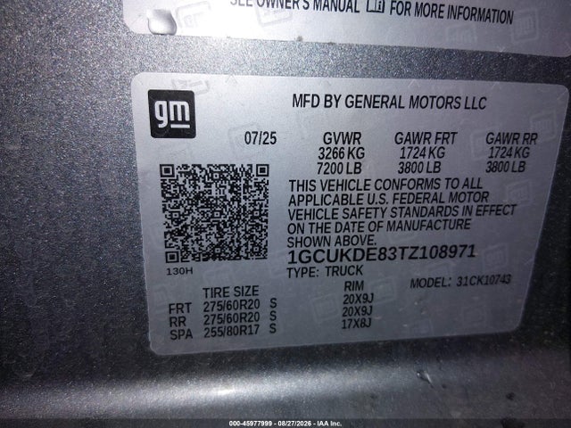 2026 Chevrolet Silverado 1500 4wd  Standard Bed Lt მანქანა იყიდება აუქციონზე, vin: 1GCUKDE83TZ108971, აუქციონის ნომერი: 45977999