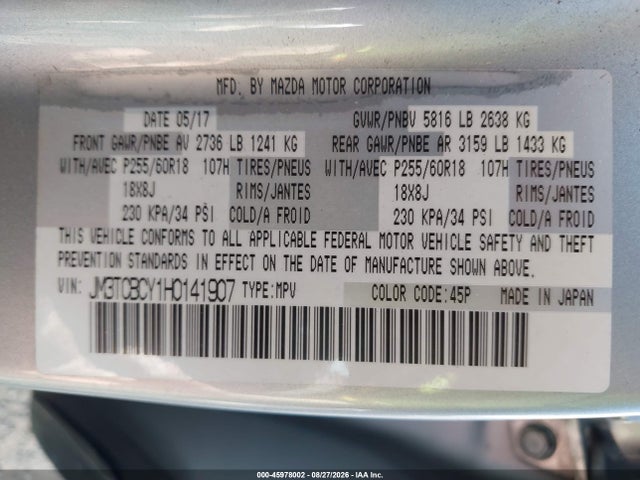 45978002 :رقم المزاد ، JM3TCBCY1H0141907 vin ، 2017 Mazda Cx-9 Touring مزاد بيع