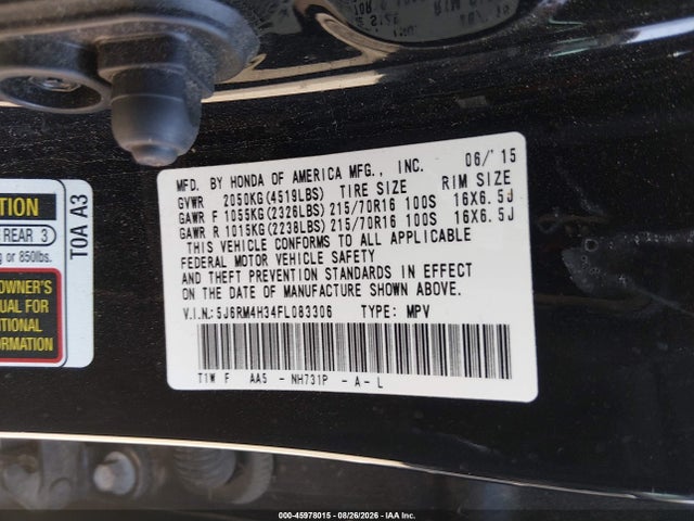 Aukcja sprzedaży 2015 Honda Cr-v Lx, vin: 5J6RM4H34FL083306, numer aukcji: 45978015