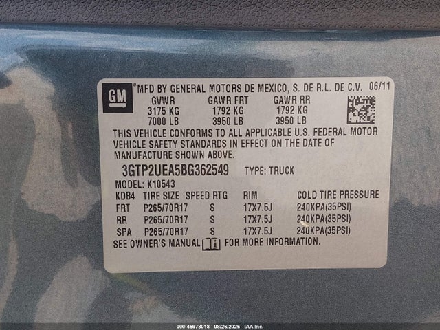 45978018 :رقم المزاد ، 3GTP2UEA5BG362549 vin ، 2011 Gmc Sierra 1500 Sl مزاد بيع