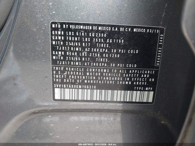 Продажа на аукционе авто 2019 Volkswagen Tiguan 2.0t S, vin: 3VV1B7AX0KM108316, номер лота: 45978022