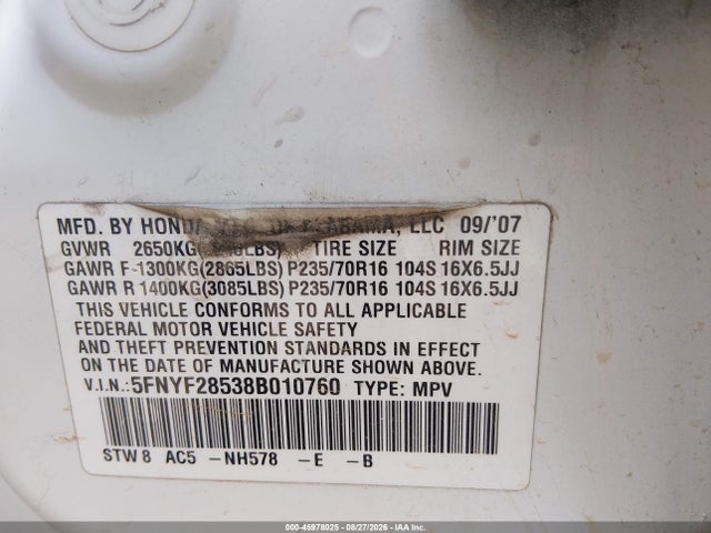 2008 Honda Pilot Ex-l მანქანა იყიდება აუქციონზე, vin: 5FNYF28538B010760, აუქციონის ნომერი: 45978025