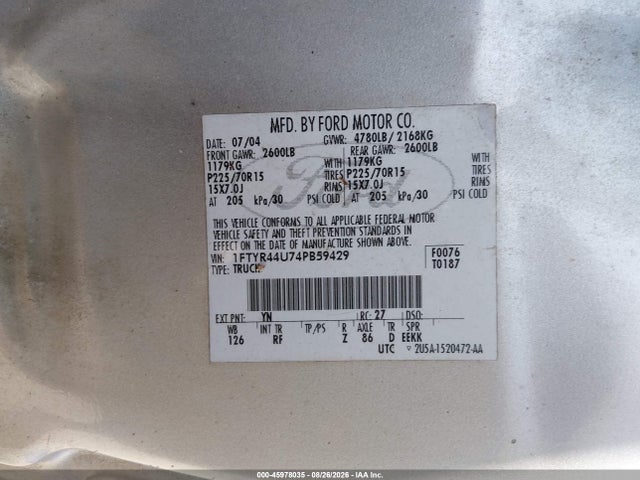45978035 :رقم المزاد ، 1FTYR44U74PB59429 vin ، 2004 Ford Ranger Edge/tremor/xlt مزاد بيع