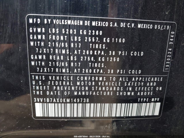 45978044 :رقم المزاد ، 3VV1B7AX0KM149738 vin ، 2019 Volkswagen Tiguan 2.0t S مزاد بيع