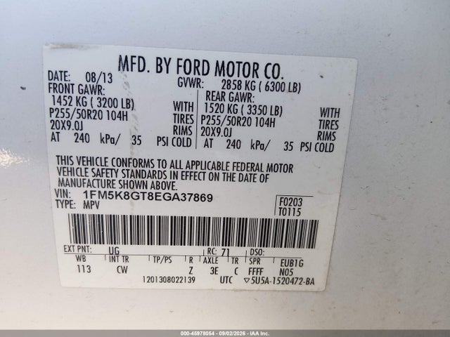 2014 Ford Explorer Sport მანქანა იყიდება აუქციონზე, vin: 1FM5K8GT8EGA37869, აუქციონის ნომერი: 45978054