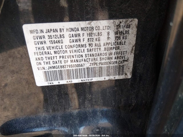 Aukcja sprzedaży 2009 Honda Fit, vin: JHMGE88279S030567, numer aukcji: 45978056